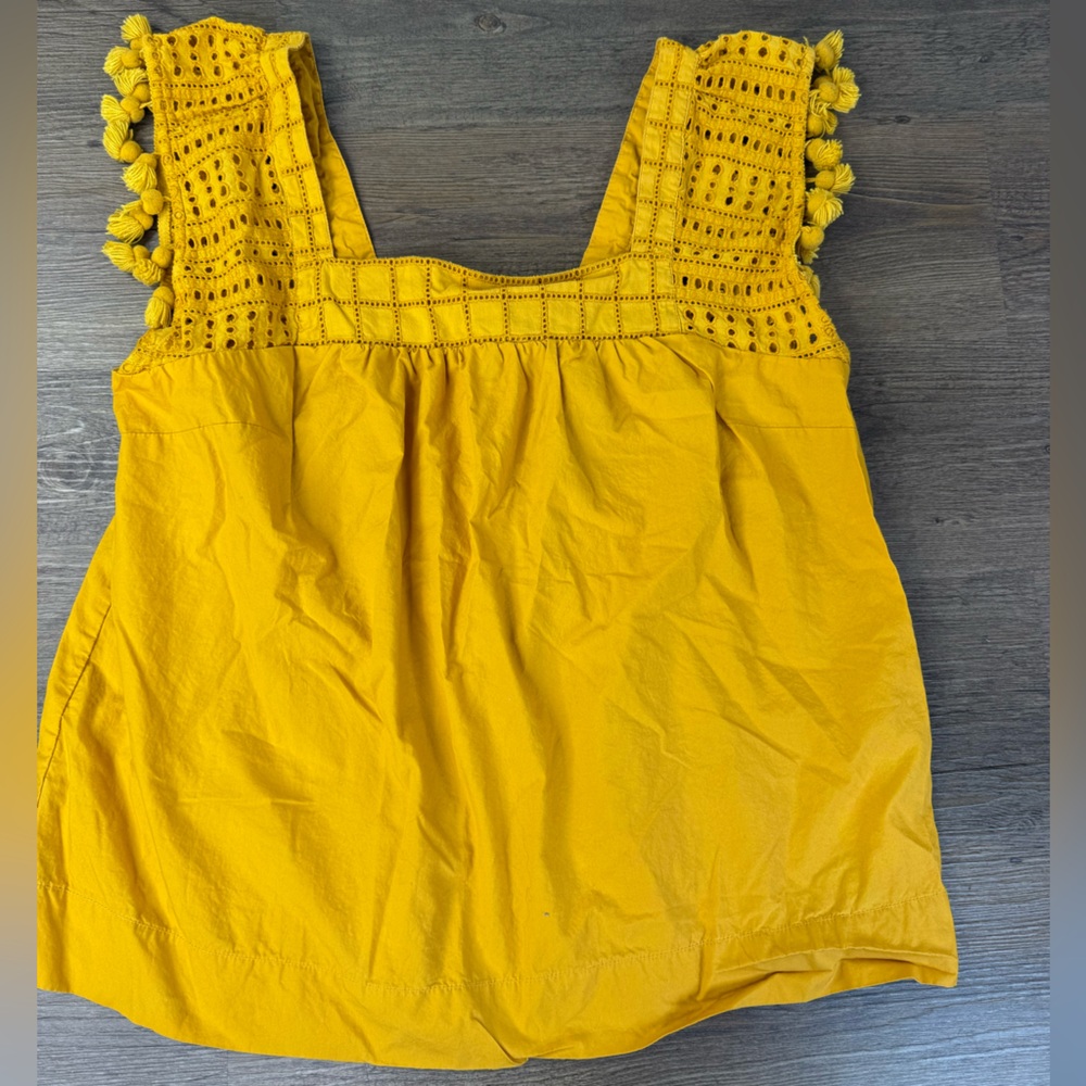 J. Crew Women’s Mustard Yellow Sleeveless Top with PomPom fringe, size medium